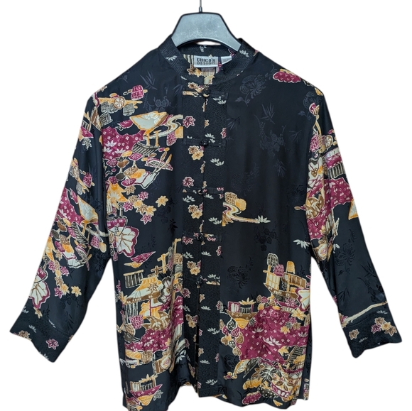 Chico's Tops - Chico's Vintage 100% Silk Asian Inspired Print Mandarin Collar Top Size 0 Small